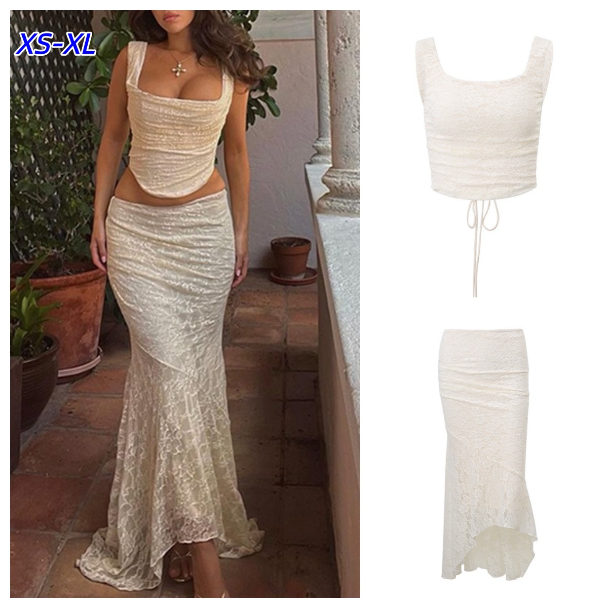 Women Formal Wear For Summer - White Lace Vintage Sexy Two Piece