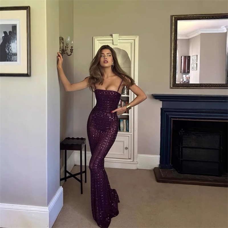 Women Formal Party Wear Dress - Purple Crystal Women Prom Dress Sexy