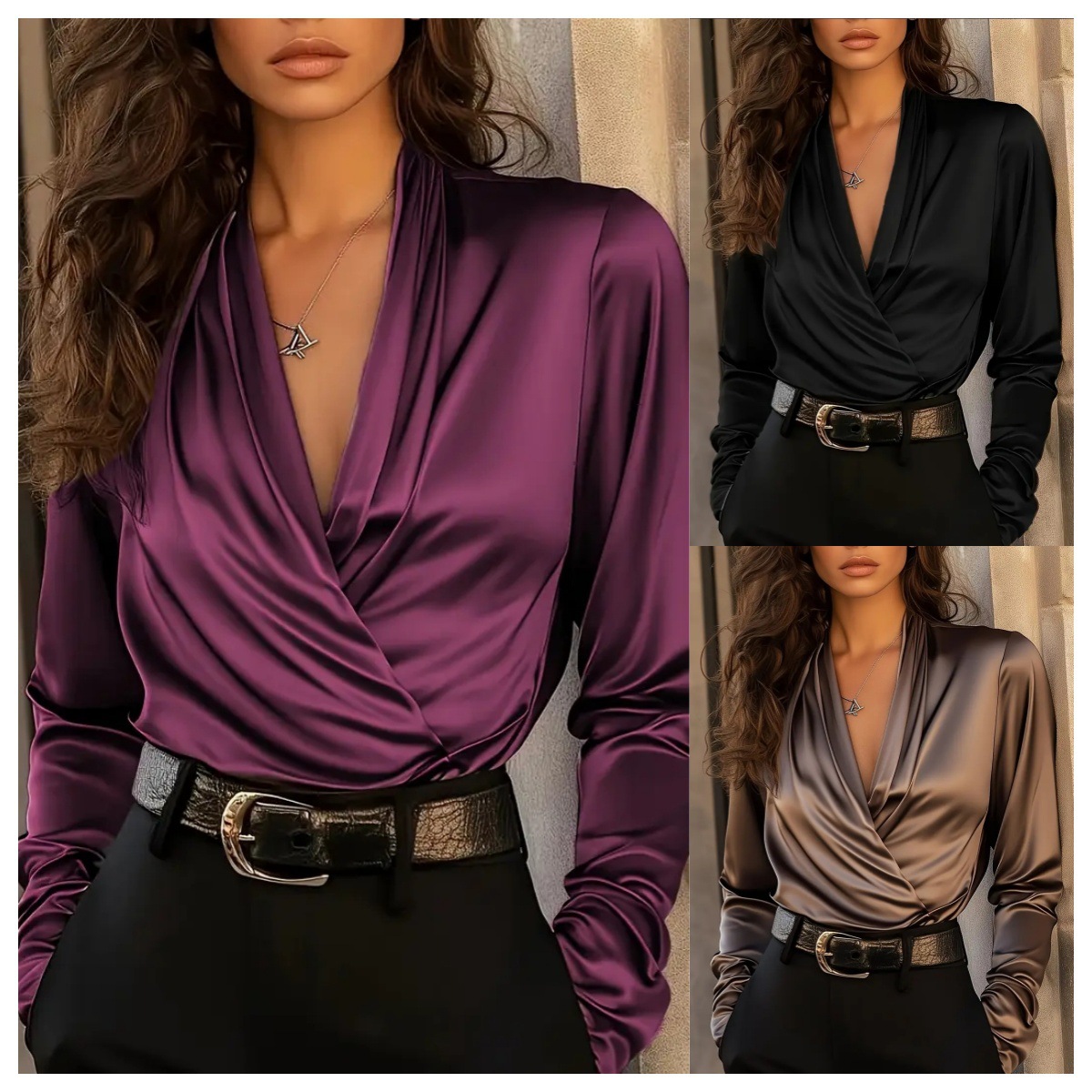 Women's Satin Wrap V Neck Long - Women Formal Blouses For Evening Wear 评论和价格