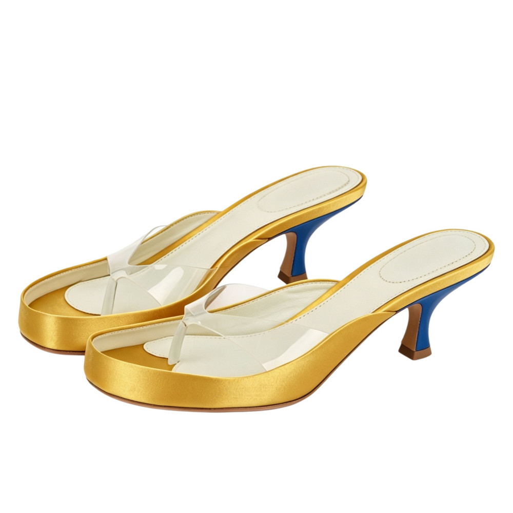 Women Gold Satin Thong Mules C - Kitten Heel Women 评论和价格